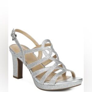 Naturalizer Cameron Ankle Strap Sandals in Silver Glitter.